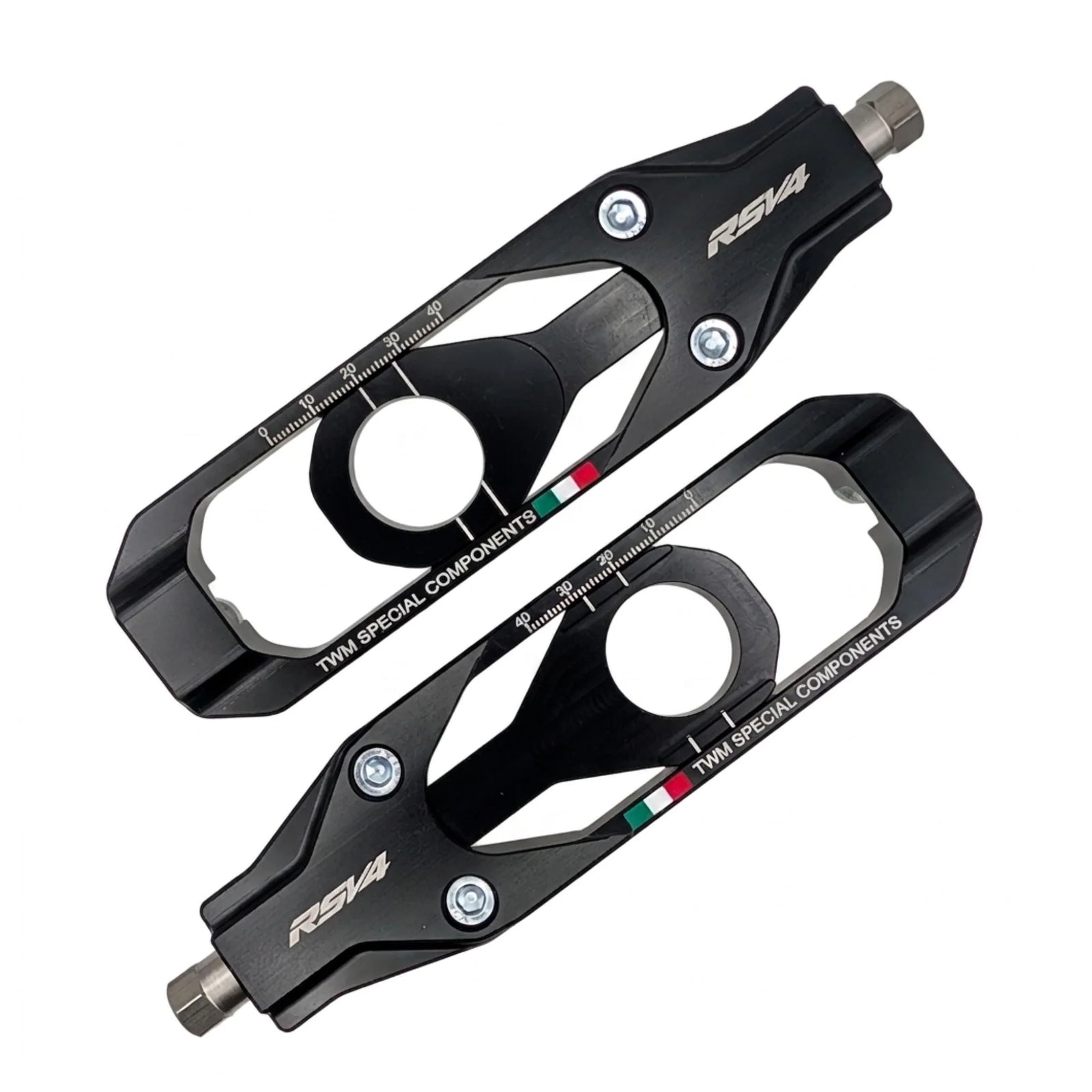 TWM CNC Aluminum Chain Adjusters for Aprilia - TCA.02 in Black - Set Photo - TCA.02.N