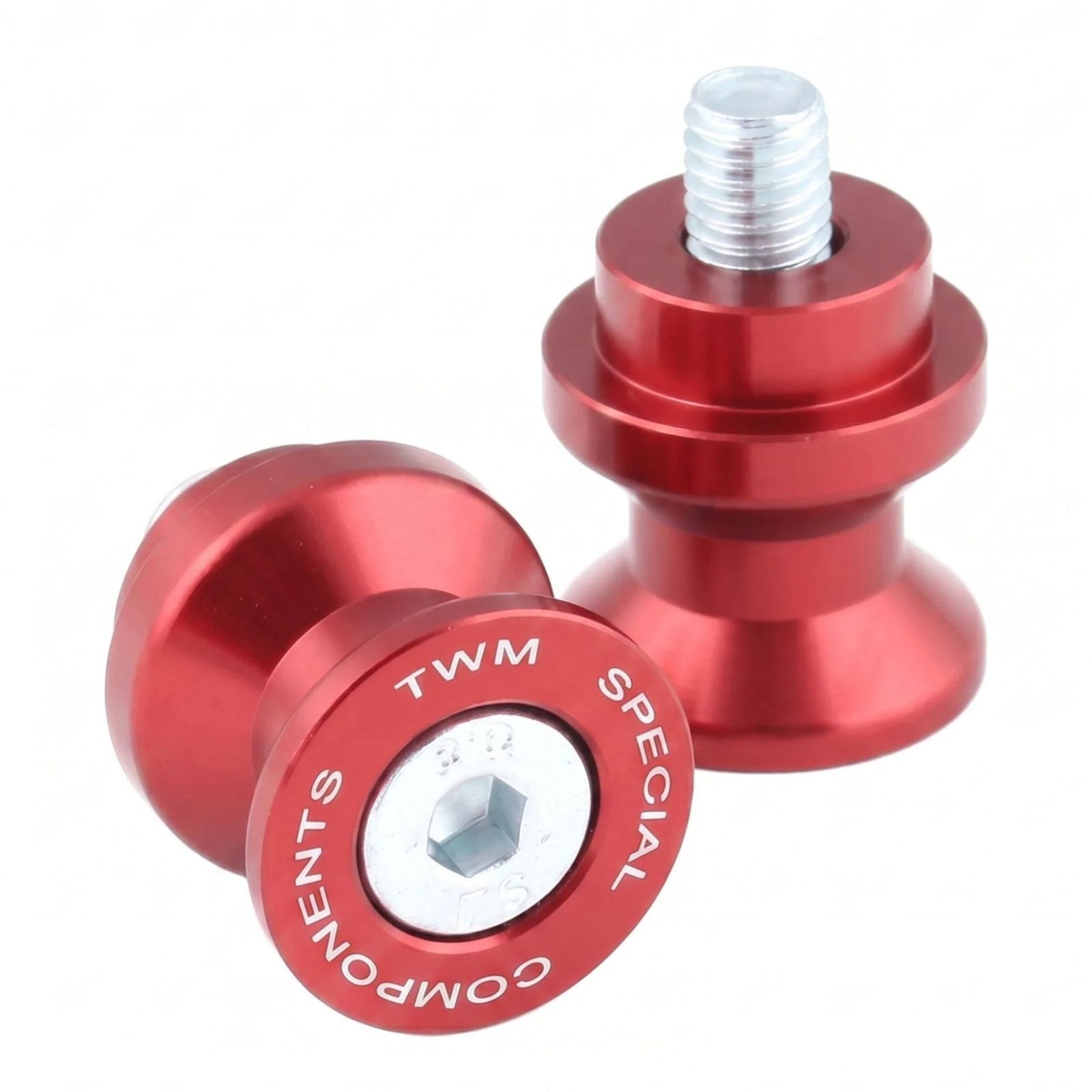 TWM CNC Aluminum Rear Stand Spools in Red for M8 swingarm spool mounts - SC.M8.R