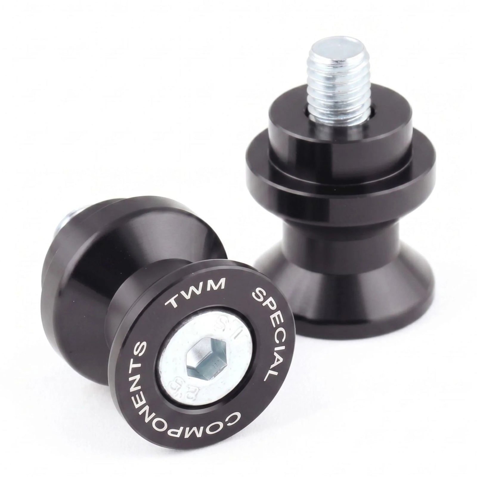 TWM CNC Aluminum Rear Stand Spools in Black for M8 swingarm spool mounts - SC.M8.N