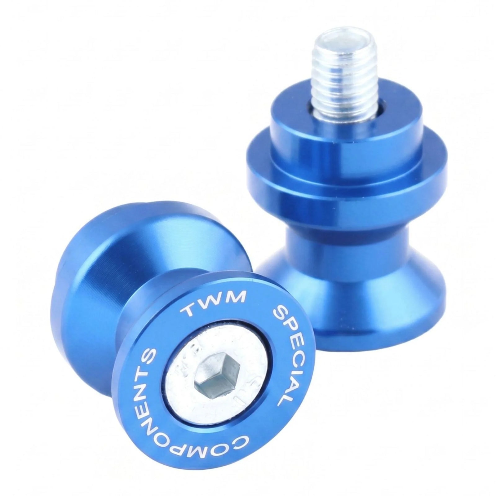 TWM CNC Aluminum Rear Stand Spools in Blue for M8 swingarm spool mounts - SC.M8.B