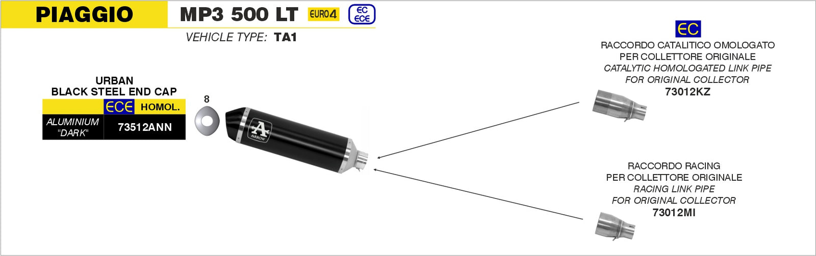 Arrow 73012MI Racing Link Pipe For Urban Exhaust