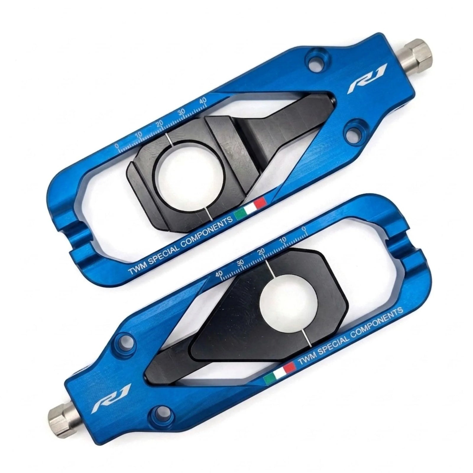 TWM CNC Aluminum Chain Adjusters for Yamaha - TCY.01 in Blue - Set Photo - TCY.01.B