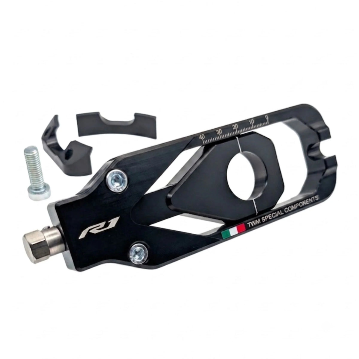 TWM CNC Aluminum Chain Adjusters for Yamaha - TCY.01 in Black - Detail Photo - TCY.01.N
