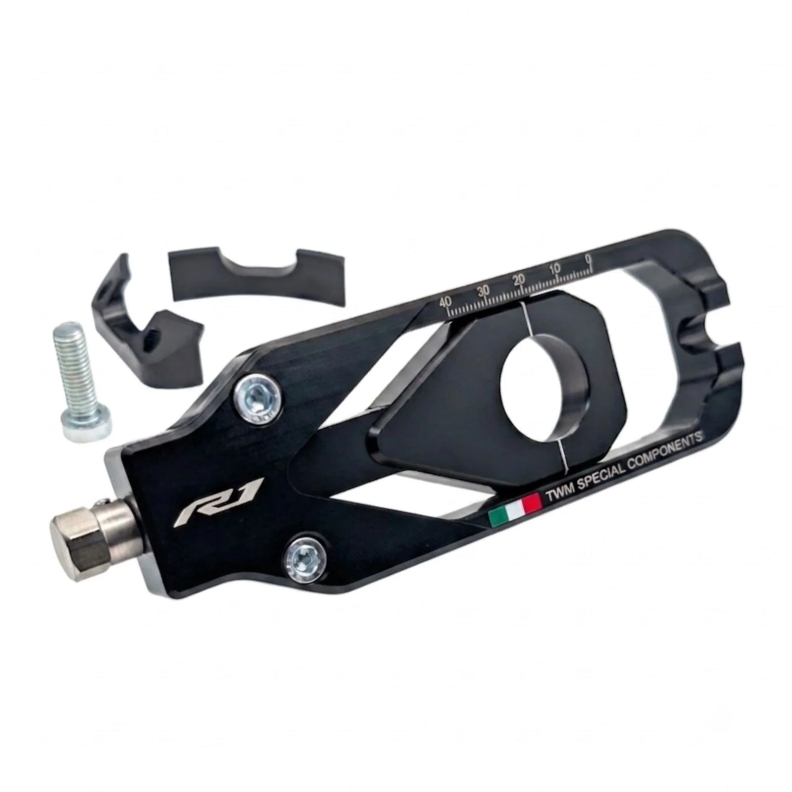 TWM CNC Aluminum Chain Adjusters for Yamaha - TCY.01 in Black - Detail Photo - TCY.01.N