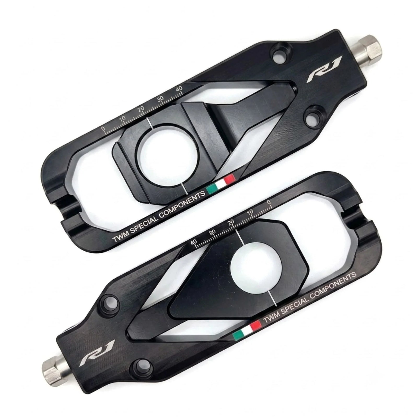 TWM CNC Aluminum Chain Adjusters for Yamaha - TCY.01 in Black - Set Photo - TCY.01.N