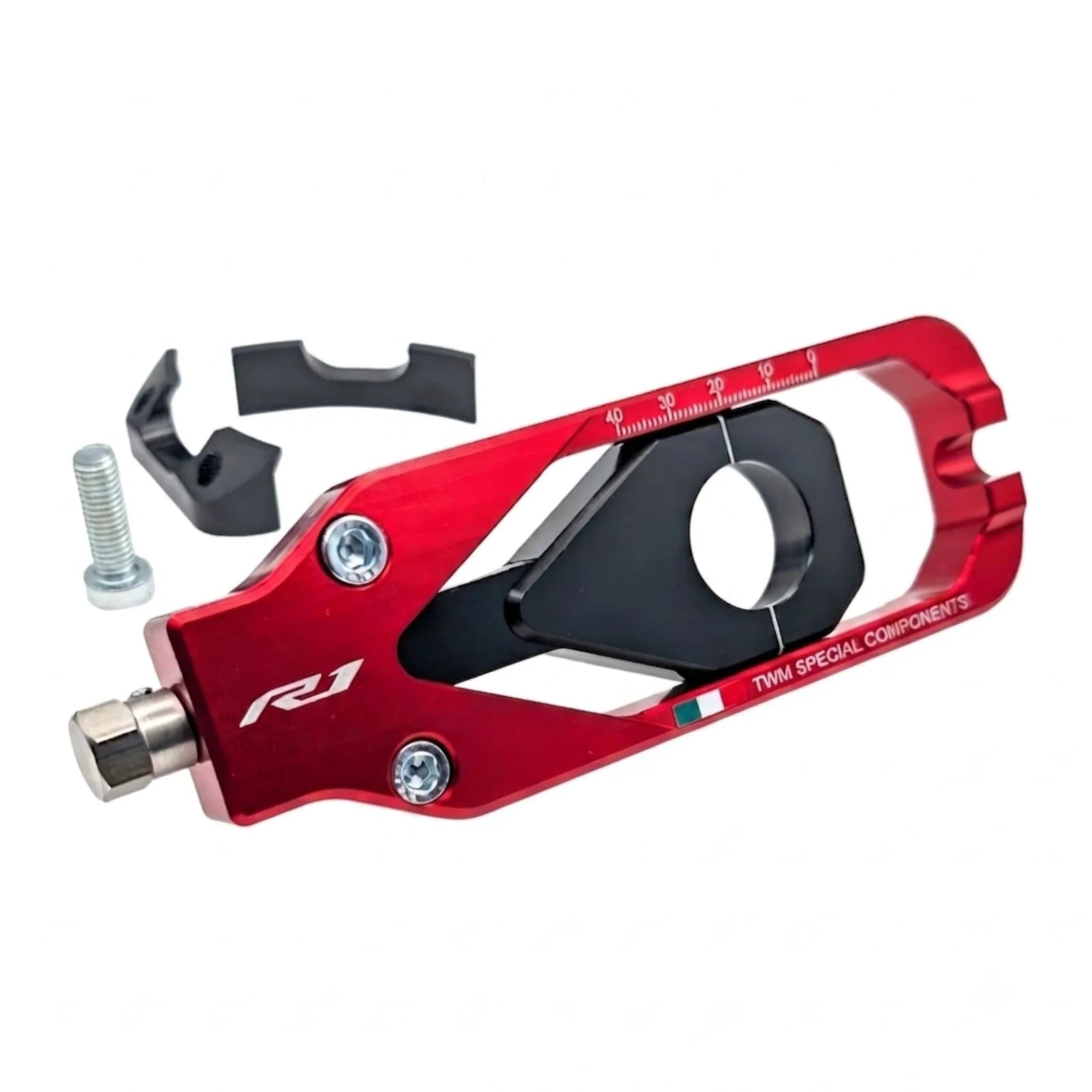 TWM CNC Aluminum Chain Adjusters for Yamaha - TCY.01 in Red - Detail Photo - TCY.01.R