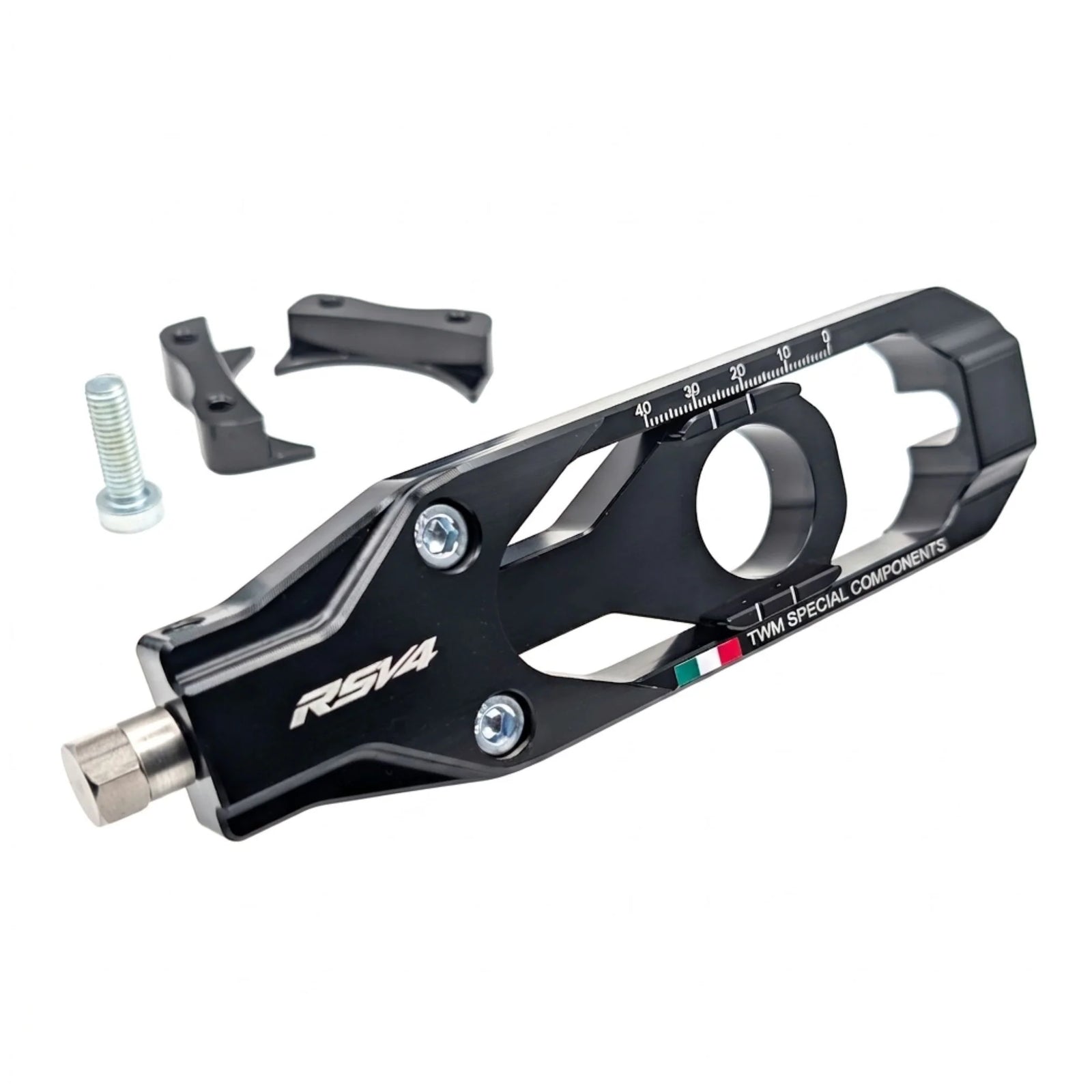 TWM CNC Aluminum Chain Adjusters for Aprilia - TCA.02 in Black - Detail Photo - TCA.02.N