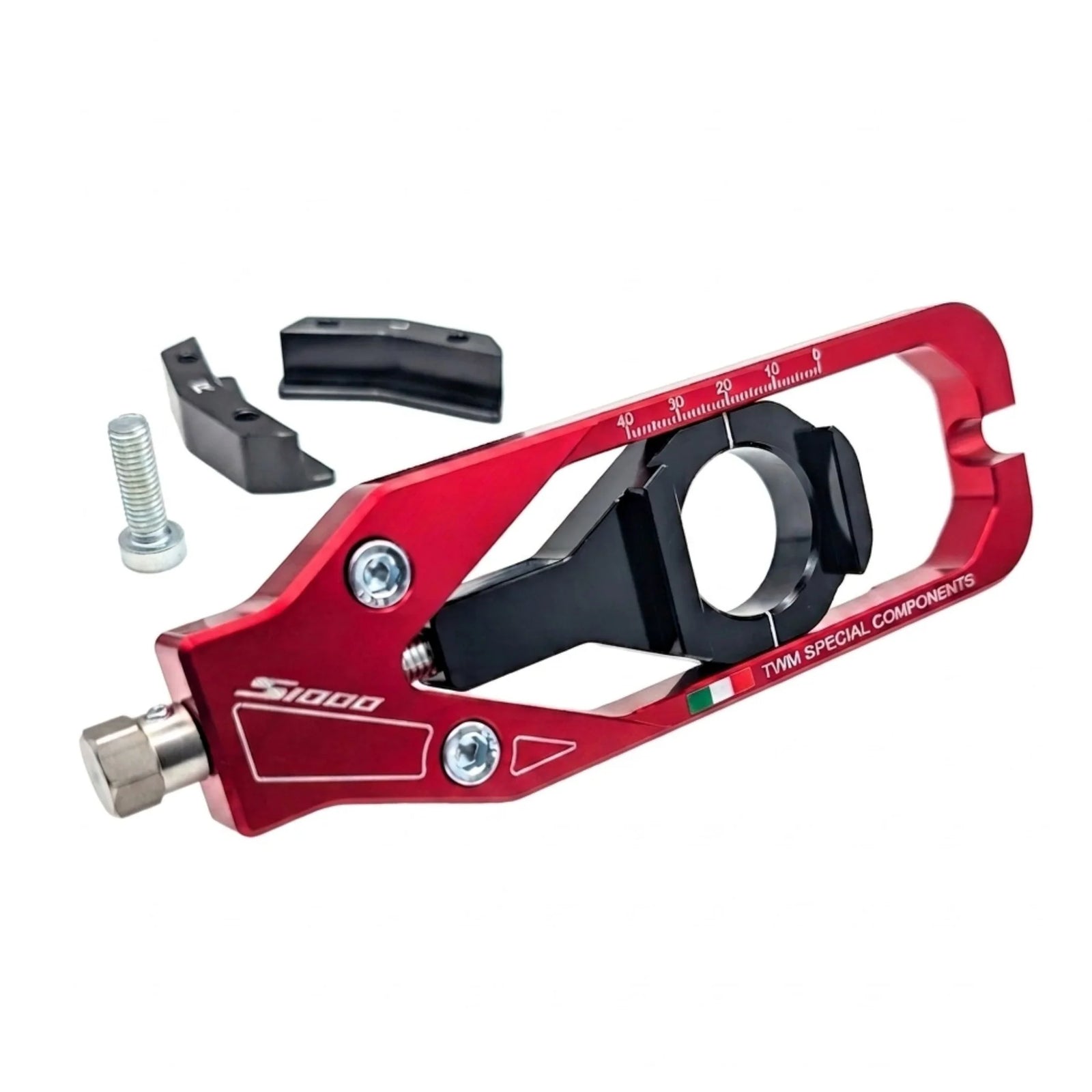 TWM CNC Aluminum Chain Adjusters for BMW - TCBMW.01 in Red - Detail Photo - TCBMW.01.R